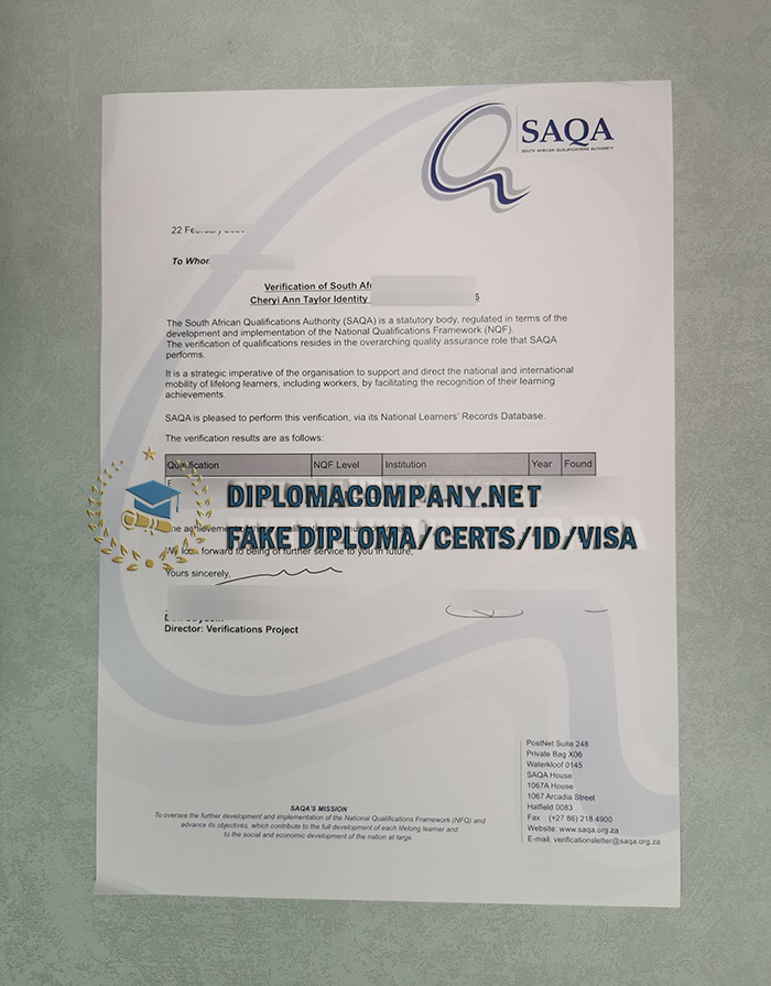 SAQA Certificate
